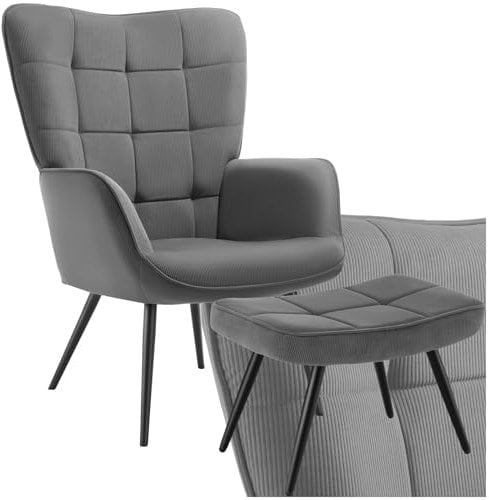 tectake® Skandinavischer Stil Ohrensessel, Sessel Hygge mit Hocker, Sessel Wohnzimmer, Schlafzimmer, Esszimmerstuhl, Statement Loungesessel, belastbar bis 150 kg - Feincord anthrazit/schwarz