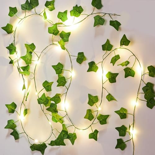 2 Pack 6.56ft Ivy Fairy Lights - Fake Vines with Fairy Lights Artificial Ivy Garland Battery Operated Fairy Lights for Home Kitchen Garden Office Wedding Wall Decor Green