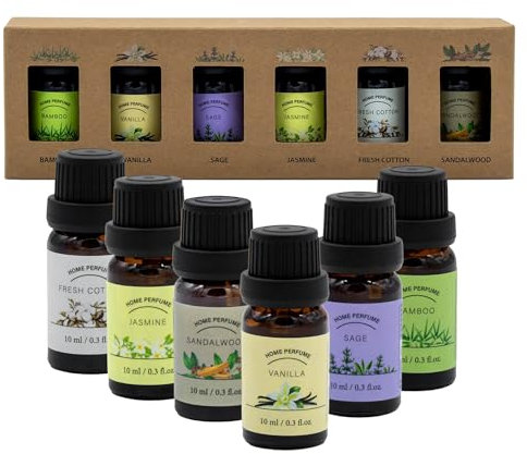 Spetebo Aromaöl für Diffuser in 6 verschiedenen Düfen - 12er Set - Raumduft Öl in 10ml Flacons für Aromalampen - Raum Erfrischer Lavendel Jasmin Cotton Sandelholz Bambus Vanille Duft Aroma Therapie