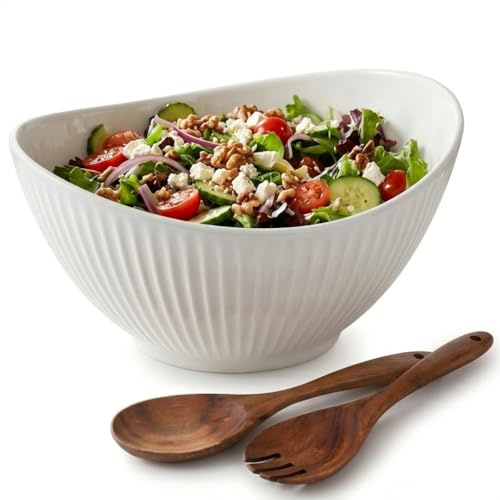 Hoilse 60oz Large Ceramic Salad Bowl with Acacia Wood Utensils, 10 Oval White Serving Bowl for Soup, Pasta, Fruit, Snacks – Mixing Bowls for Entertaining, Party, Kitchen, Dinner – Housewarming Gift