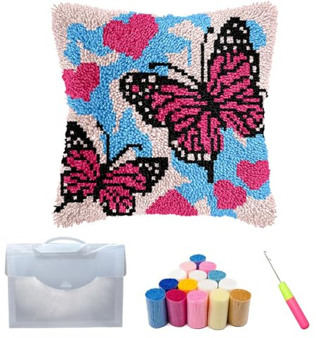 Xiyocadt Schmetterling Knüpfhaken-Set für Erwachsene und Kinder, Anfänger,DIY Knüpfkissen-Set,43x43cm,Vorgedruckte Bastelteppich-Kits,Kreuzstich,Stickerei,Kissenbezug für Zuhause,Sofa,Dekoration (A)