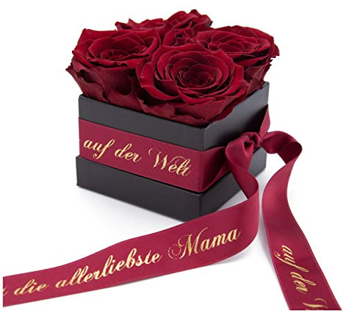 Rosenbox 4 ewige Rosen haltbar 3 Jahre Widmung allerliebste Mama der Welt - 8,5 x 8,5cm (Du bist die allerliebste Mama auf der Welt, Dunkel Rot)