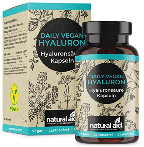 natural aid Daily Vegan Hyaluron Kapseln [100% vegan] 90 Stück Hyaluronsäure Hyaluron Kapseln hochdosiert laborgeprüft o. Zusätze in DE hergestellt Haut Vitamine Hyaluronsäure