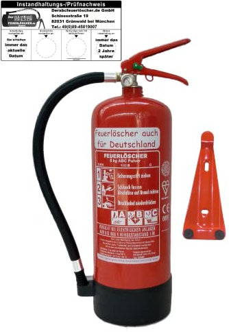 Brandengel® Feuerlöscher 6kg Brandklasse ABC Pulver, EN 3, 34 A,183 B, C = 10 LE, Messingarmatur + Sicherheitsventil + Manometer + Wandhalter + Standfuß (Mit Prüfnachweis u. Jahresmarke) Haushalt