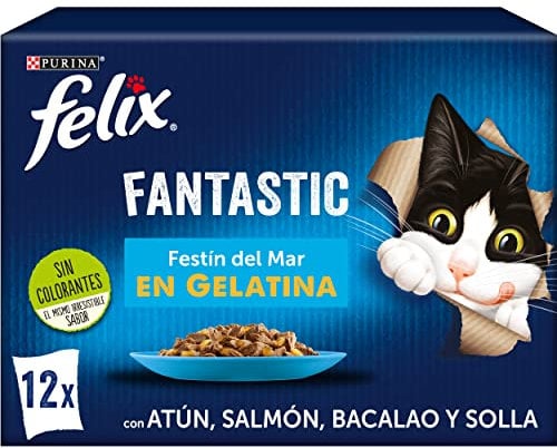 FELIX Fantastic, Comida Húmeda para Gato Adulto, Gelatina, Surtido de Atún, Salmón, Bacalao y Solla, 6 Packs de 12 Sobres de 85 g. (72 Sobres)