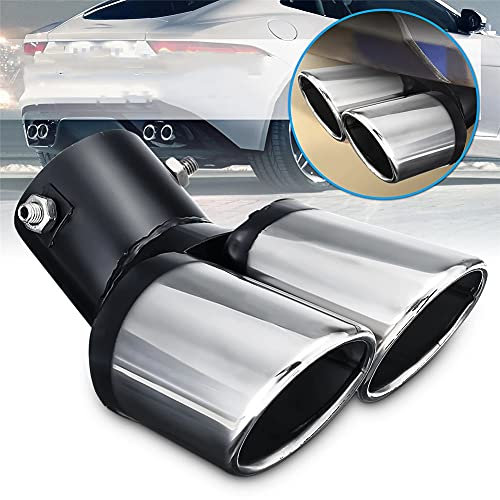 Hpory Auspuffblende Doppelrohr 63mm, Universal Auspuffblende Gebogen Endrohr Chrom Auspuff Edelstahl Endschalldämpfer Auto Doppelendrohr Auspuffblende Endrohrblenden Doppelausgang Silber schwarz
