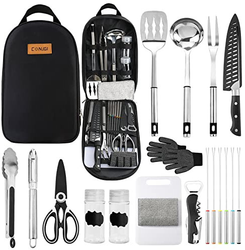 Set di utensili da cucina portatili da campeggio, 19 pentole da campeggio all'aperto con borsa per il trasporto, set da cucina per barbecue, cortili, viaggi in camper e cena aperta (nero)