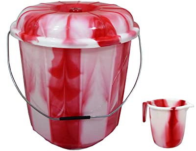 Set of 2- Tiedye Design 25L Litre Extra Large Bucket Bin Lid With 1.5L Plastic Water Jug with Handle and Spout Kitchen Plastic Mugs for Bathroom/Home/Kitchen (Red)