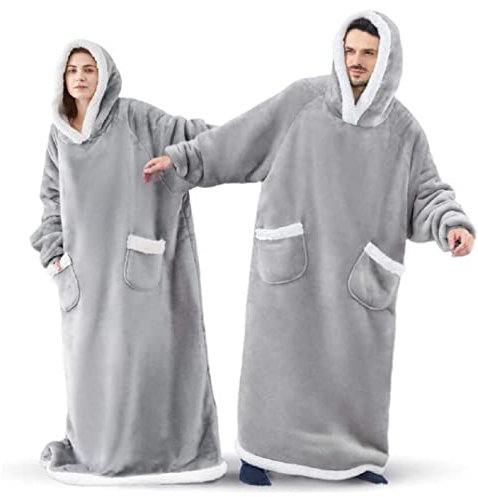 Sacebeleu Kuscheldecke mit Ärmeln,Oversized Weich Decke Hoodie Sweatshirt,Sherpa Kapuzenpullover für DamenHerren,Flauschige Flanell TV-Decke mit Ärmel,Tragbar Ganzkörperdecke,Grau