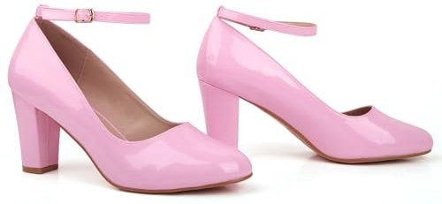 Bismaa Womens Unisex Buckle Ankle Strap Mid Block Heel Shoes Plus Size 9 10 11 12 (Pink Patent, Numeric_10)