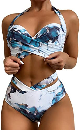 Yoofeiduoduo Badeanzug Sexy Transparent Damen Bikini Marmor-Aquarelldruck Cutout High Waist V Ausschnitt Zweiteiliger Neckholder Push Up Große BrüSte Hoch Taillierte Badeanzug, Blau, M