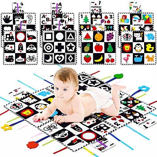 beiens Babymatte Hoher Kontrast Schwarz-Weiß-Sehtrainingsmatte Babyspielzeug mit Spiegel und Beißring Kinderwagen-Spielzeug für Autositze, sensorisches Spielzeug für Neugeborene, Geschenkset