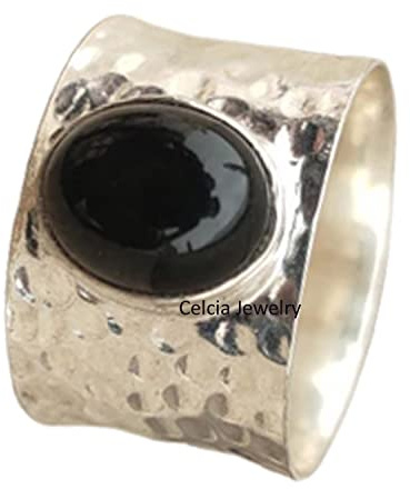 Bandring aus massivem 925er Sterlingsilber für Damen und Herren, echter schwarzer Onyx, ovaler Edelstein, einzigartiger handgefertigter gehämmerter Ring für Sie und Ihn