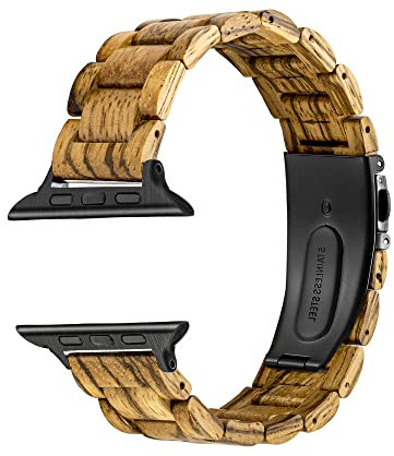 Cinturino in legno zebra e acciaio inossidabile compatibile con Apple Watch 45 mm, 44 mm, 42 mm, cinturino di ricambio per Apple Watch serie SE 4 5 6 7