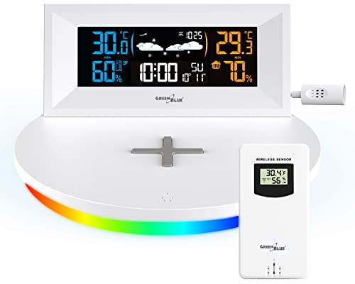 Green Blue GB213 Wireless Weather Station with Wireless Qi Charger Mood Light Base Weather Forecast Calendar Alarm and Snooze External Sensor Indoor and Outdoor Thermometer Color Display