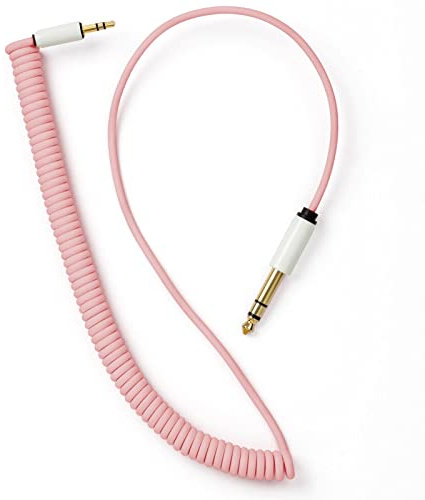 MyVolts Candycord audio cable, straight mini jack to straight large jack, curly 65cm to 90cm, Marshmallow Pink colour