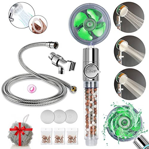 Hydro Jet High Pressure Shower Head with Filter Beads Turbocharged Shower Head Handheld Turbo Fan Shower Kit with Replacement Hose/Bracket/Bead Filters and Bath Loofah-Green