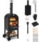 GYMAX Pizzaofen Outdoor mit Pizzastein & Pizzaschaufel, Küchenofen mit Thermometer & Grillfunktion, Holzbackofen mit Abdeckung & 2 Rädern für Picknick, Party & Camping