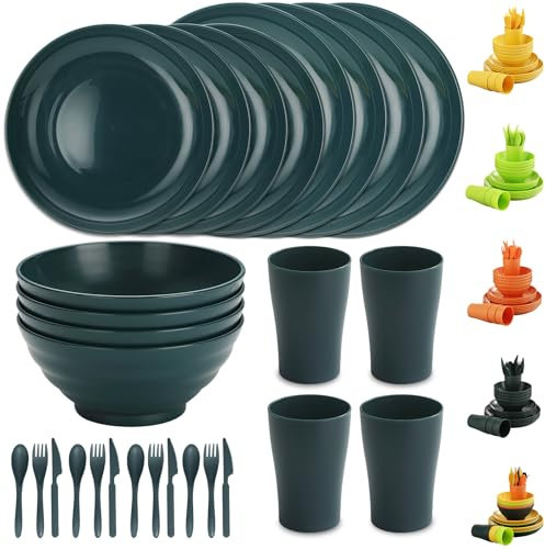 Evanda Plastic Dinnerware Set 28 Piece, Reusable Light Weight Mugs, Bowls, Dishes, Knives, Forks, Spoons for Camping Picnics and Everyday Use, Dishwasher Safe (Dark Green)