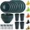 Evanda Plastic Dinnerware Set 28 Piece, Reusable Light Weight Mugs, Bowls, Dishes, Knives, Forks, Spoons for Camping Picnics and Everyday Use, Dishwasher Safe (Dark Green)
