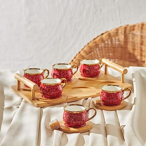 Karaca Set de tasses à café rouge pour 6 personnes avec plateau en bambou 90 ml