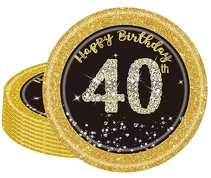 POPOYU 16 platos de papel negro y dorado, decoración de mesa para 40 cumpleaños, 17,78 cm, platos de papel de para hombre, mujer, cumpleaños, fiestas, accesorios para fiestas con temática