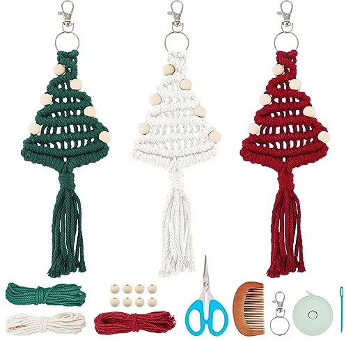 WEBEEDY 3 Set Makramee Schlüsselanhänger Weihnachtsschmuck Makramee Weihnachtsbaum Kit DIY Weihnachts Bastelsets Mit Makramee Perlen Makramee Zubehör Auto Hängedekoration Für Weihnachten