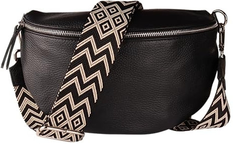 MIRROSI® Bauchtasche Damen, Echtleder, Made in Italy, Umhängetasche, Brusttasche, Crossbody Bag (1 Tasche & 2 Gurte) (Schwarz (Bohemian Schwarz Beige), Mittelgroße Tasche (25x16x7cm))