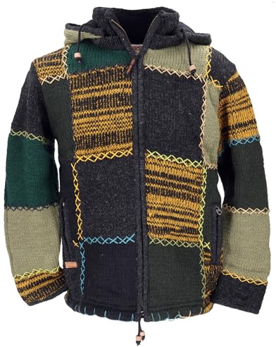 Patchwork Strickjacke aus Schafwolle, Unisex, braun/schwarz/grün, XXL