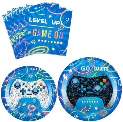 WERNNSAI Blue Video Game Party Plates and Napkins -48 PCS Gamer Theme Party Supplies Boys Gaming Birthday Party Decorations Dinner Dessert Plates Paper Napkins for Family Gaming Night Serves 16 Guests