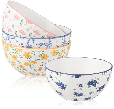 Ceramic Cereal Bowl Set of 4 - Porcelain Soup Bowls with Colorful Floral Patterns - Ideal for Serving Breakfast, Oatmeal, Salad, Noodle - 23.6 OZ
