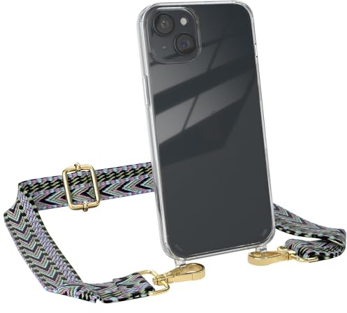 EAZY CASE Handykette - Verstellbares Taschenband kompatibel mit iPhone 15 Plus, Schulterriemen, Handykordel mit Silikon Hülle, Umhängetasche, Lila Grün Gold