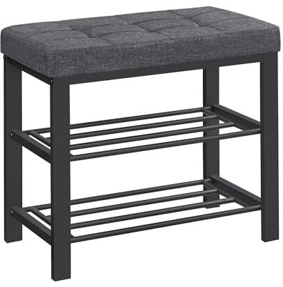 SONGMICS Schuhbank, Schuhregal mit 3 Ebenen, Schuhaufbewahrung, Sitz mit Schaumstoffpolsterung, Leinen, Metallrahmen, für Wohnzimmer Eingangsbereich, 31 x 60 x 49 cm, dunkelgrau-schwarz LBS576B01