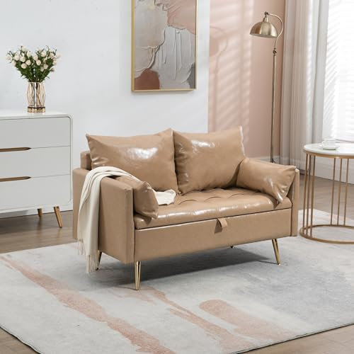 [en.casa] Sofa Sysmä 2-Sitzer Polstersofa Kunstleder aufklappbar mit Kasten Couch mit Kissen Klappsofa mit Armlehne Schaumstoff Cappuccino