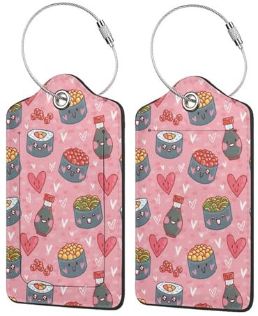 Gepäckanhänger für Koffer, Kawaii, Sushi, Emoji, Liebe, Herz, Leder, Reisekofferanhänger mit Namens-ID-Etikett und Edelstahlschlaufe für Damen und Herren, Gepäcktasche, Handtasche, 2 Stück