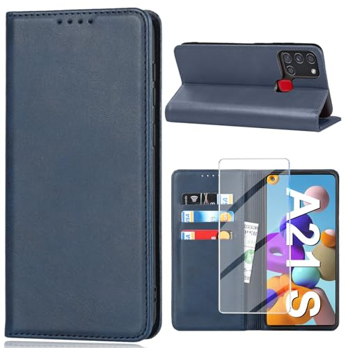 Handyhülle für Samsung Galaxy A21S Hülle mit Schutzfolie, Schutzhülle Galaxy A21S PU Leder Wallet Kartenfach Ständer Klapphülle Lederhüllen Case für Samsung A21S Tache Cover (Blau)