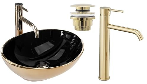GTM Design Aufsatzwaschbecken Glanz Set mit Waschtischbatterie und Stopfen - Aufsatzwaschbecken Oval für Badezimmer - Modern Waschbecken ohne Hahnloch - Waschbecken mit Armature - Modell 9