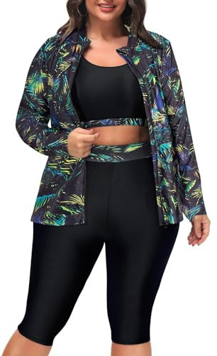 Hanna Nikole Traje de surf de 3 piezas para mujer, tallas grandes, con cremallera, manga larga, protección solar, traje de baño, Hojas verdes y negro, 54 Große Größen