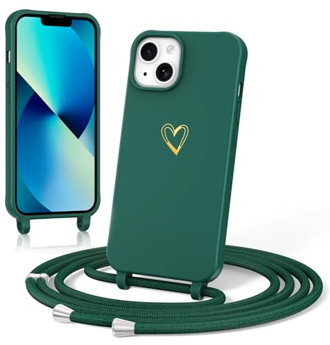 ScandiCasis Handykette für iPhone 13 Mini mit Band, Handyhülle mit Schnur zum Umhängen, Weiche TPU Silikonhülle mit Band [Verstellbar] [Abnehmbar], Love Design Halskettenhülle, Grün