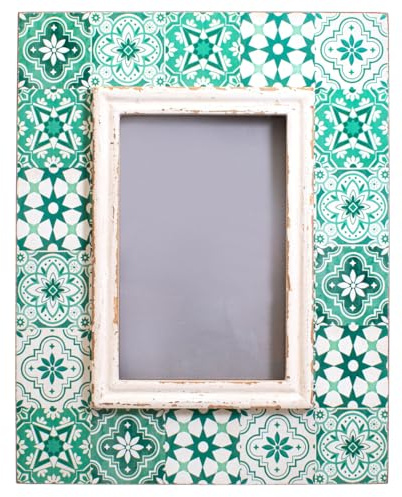Sass & Belle Green Tile Frame - Decorative Home Decor Styling Mediterranean Patterned Picture Frame For House Gifts Home Decoration Display With Rustic Colourful Design