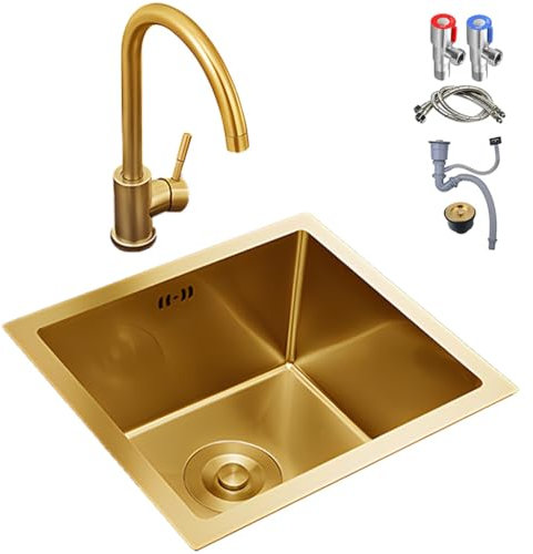 Fregadero De Cocina Cuadrado Pequeño Dorado, Minifregadero Dorado Para RV, Fregadero De Acero Inoxidable Bajo Encimera Para Cocina, Fregadero De Barra De Servicio Con Grifo Y Accesorios(38x38x21cm)