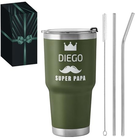 Maverton Mug Isotherme avec Paille 800ml - Mug Personnalisé Vert en Acier Inoxydable avec gravure - Garde Chaud 6h / Froid 10h - Cadeau Papa - Cadeau Fete des Peres