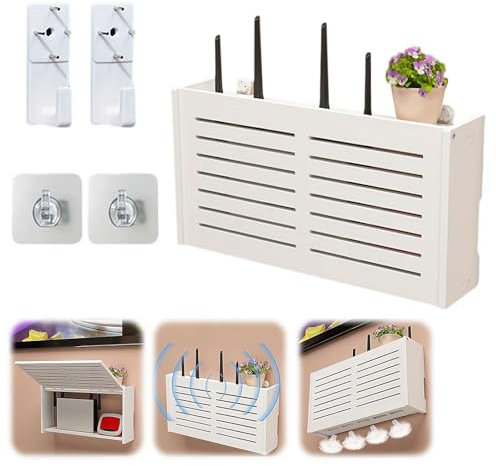 Router Rack Wall-mounted WiFi Router Shelf Storage Box, Wall Mounted WiFi Cable Box Shelf Cord Cover Organizer, No Drill WiFi Router Adjustable Cable Box for Home Office (White,L)