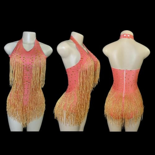 WBLSPA Glitzernder Body mit Fransen und Strasssteinen für Damen, Vightclub, Party, Tanzkostüm, Bühnenkleidung, sexy Quaste, Turnanzug, Performance-Kleidung, 7G-Orange-L-XL
