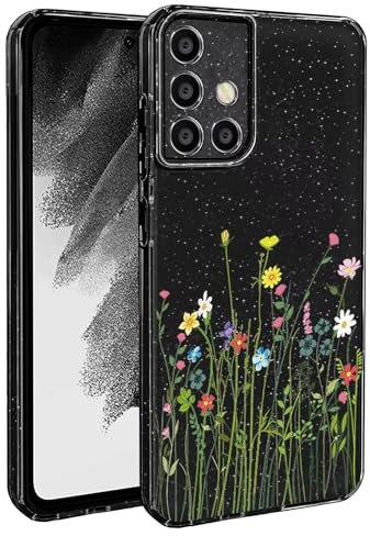 BEENTRYS Blumen Handyhülle für Samsung Galaxy A51 4G,Glitzer Floral Aesthetic Design Frauen Mädchen Stoßfeste Weiche TPU Silikon Glitter Schutzhülle für Samsung Galaxy A51 4G(S201-Schwarz)