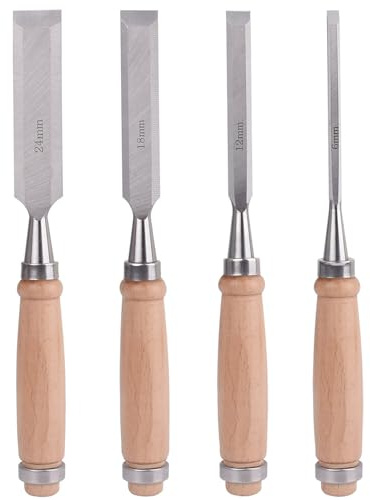 Handgefertigter Holzmeißel, Chrom-Vanadium-Stahl, Meißel mit Holzgriff für Holzbearbeitung, Werkzeug-Set, 4 Stück