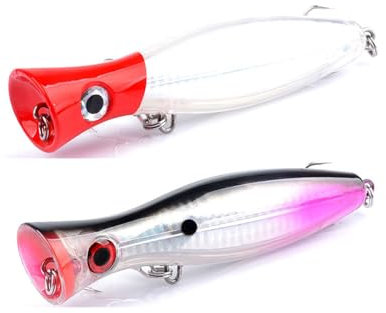 2PCS 40.3g Angellocher, Schwimmende Loder Popper Köder Topwater Angellocher Große Popper Angellocher Salzwasser Angeln Künstliche Harte Loder Bass Thunfisch Popper Loder für Bass, Pike (Rot + Lila)