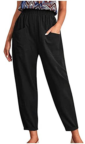 DxanDn Sommerhose Damen Leicht Leinenhose Sommer 7/8 Hose Elegant Bequeme Stoffhose Baumwolle Leinen Freizeithose Elastische Taille Lockere Haremshose mit Taschen Leicht und Luftig Sporthose