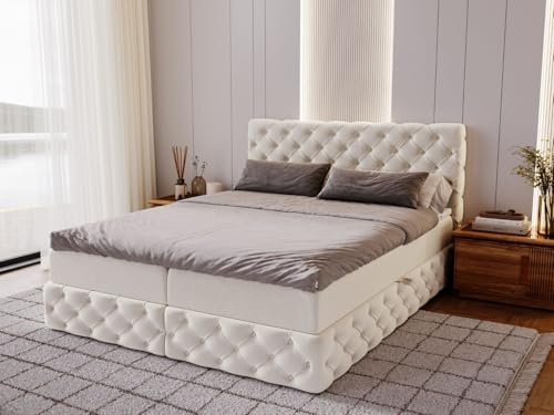 GRAINGOLD Canolo Bett 160x200, Boxspringbett mit Bettkasten, Polsterbett mit Bonell-Matratze, Samt Stoff, mit Topper, mit Kopfteil (Creme, 160x200)