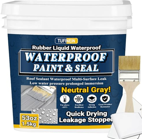 Rubber Liquid Waterproof Sealant, TUFINEIN Quick Drying Multi Surface Foundation Leak Repair - Roof Gutters Basement Sealer Waterproof - Indoor & Outdoor Flexible Rubber Paint (Neutral Gray, 1.5 KG)